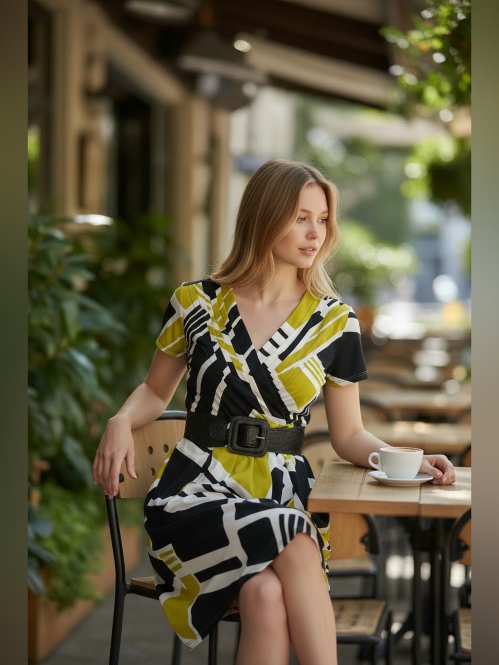 Women's V-Neck Geo Print Wrap Dress in Yellow and Black by worthington size M